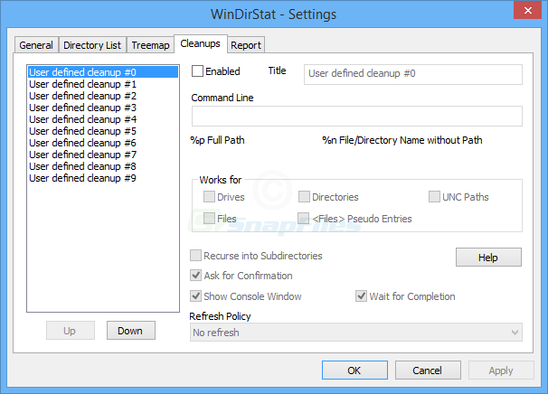 Окно настроек WinDirStat с вкладкой Cleanups для пользовательских действий