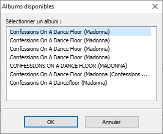 Окно выбора альбома при получении данных о диске