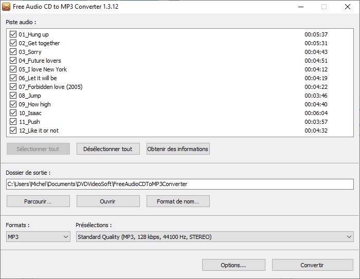 Главное окно Free Audio CD to MP3 Converter со списком дорожек, папкой вывода и выбором формата
