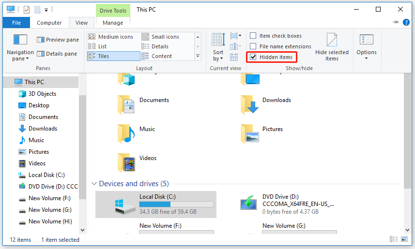 Включение скрытых элементов в Проводнике