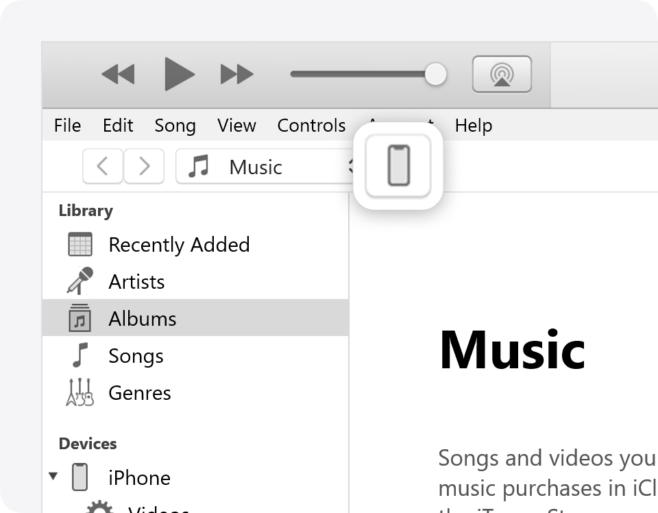 Кнопка устройства в iTunes и переход к управлению подключенным iPhone