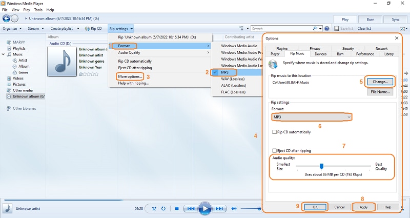 Настройки копирования CD в Windows Media Player