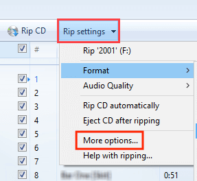 Windows Media Player: Rip settings и More options