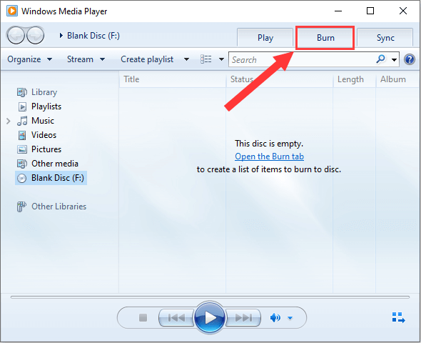 Вкладка Burn в Windows Media Player
