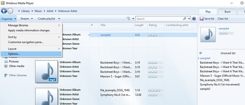 Настройки копирования в Windows Media Player