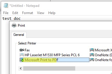 Окно печати Windows с Microsoft Print to PDF