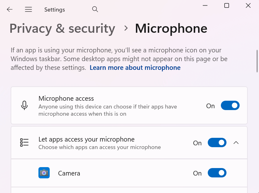 Права доступа к микрофону в Windows