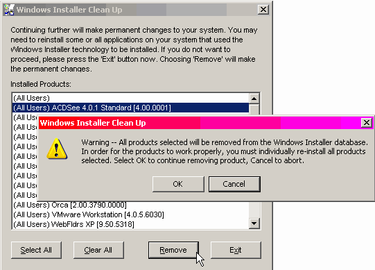 Окно подтверждения Windows Installer Clean Up после нажатия Remove
