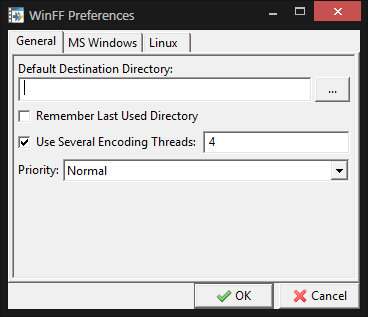 Окно WinFF Preferences с настройками Default Destination Directory, Remember Last Used Directory, Use Several Encoding Threads и Priority