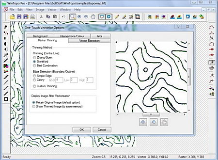 Главное окно WinTopo Pro с открытым окном One-Touch Vectorise Options