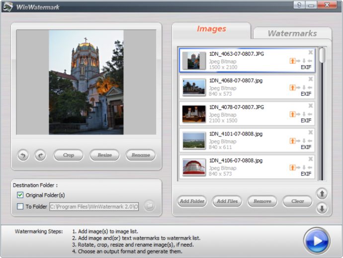 Главное окно WinWatermark с вкладкой Images, списком фотографий, предпросмотром и кнопками Add Folder / Add Files