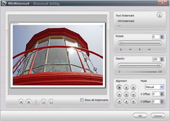 Окно Watermark Setting в WinWatermark с настройками Rotate, Opacity, Alignment, Mode, X Offset и Y Offset