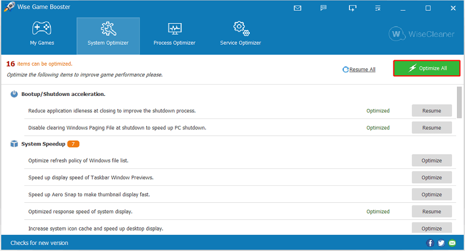 Вкладка System Optimizer в Wise Game Booster со списком оптимизаций и кнопками Optimize, Resume и Resume All