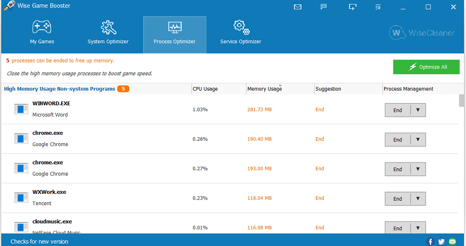 Вкладка Process Optimizer в Wise Game Booster со списком процессов, колонками CPU Usage, Memory Usage и действием End