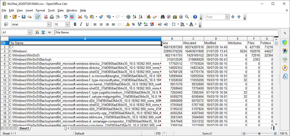 CSV-экспорт данных WizTree, открытый в табличном редакторе