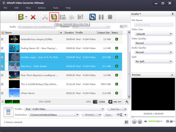 Кнопка Merge Selected Item into One