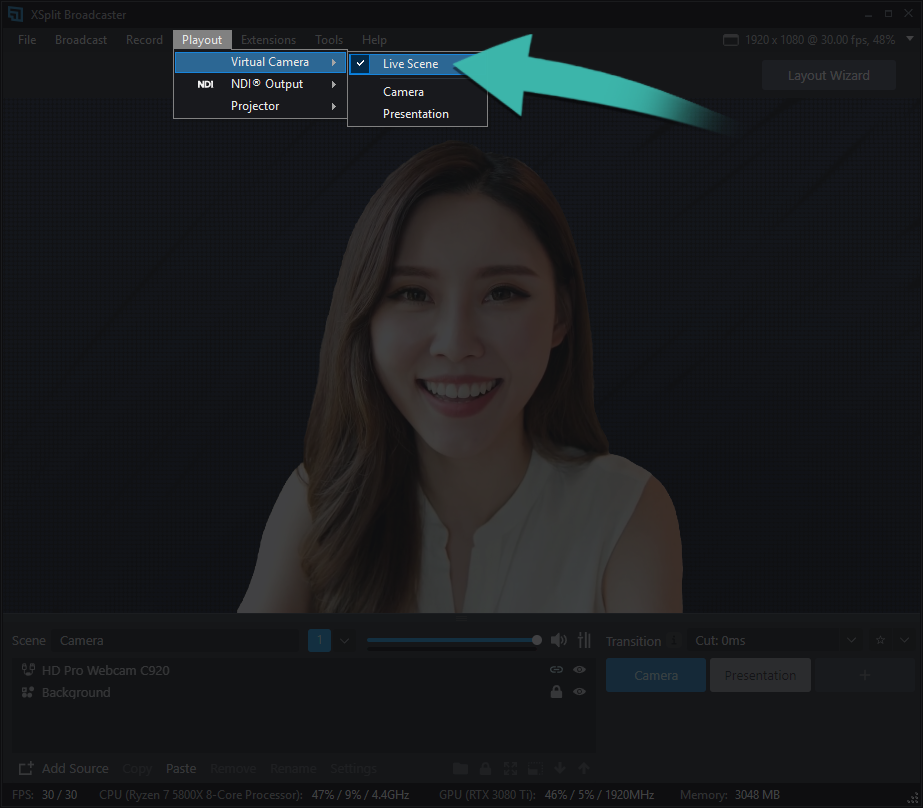 Выбор сцены для Virtual Camera в XSplit Broadcaster