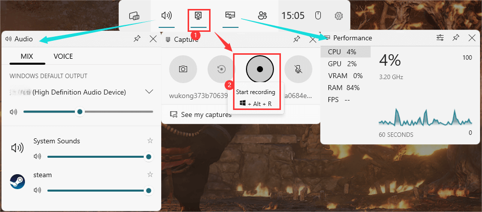 Запись через Xbox Game Bar