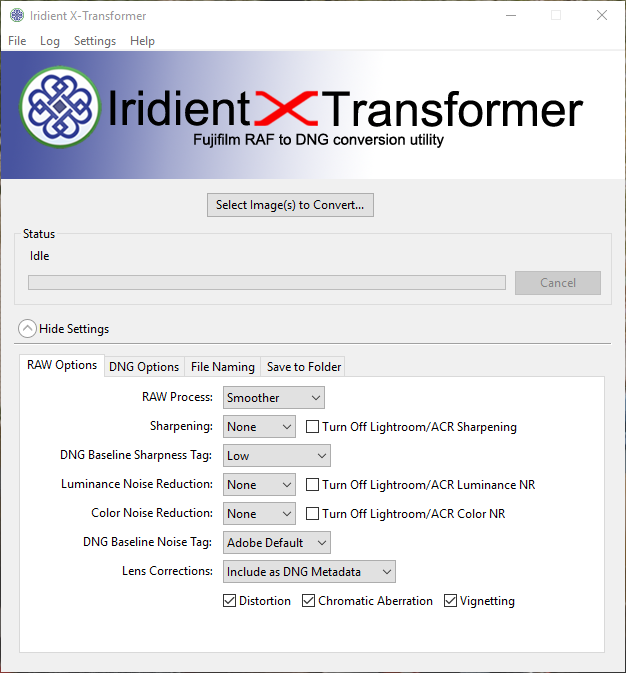 Iridient X-Transformer: главное окно и вкладка RAW Options