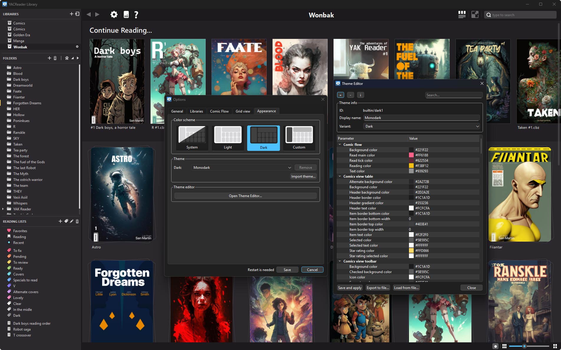 Настройки темы и Theme Editor в YACReaderLibrary