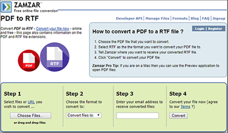 Интерфейс Zamzar для PDF в RTF