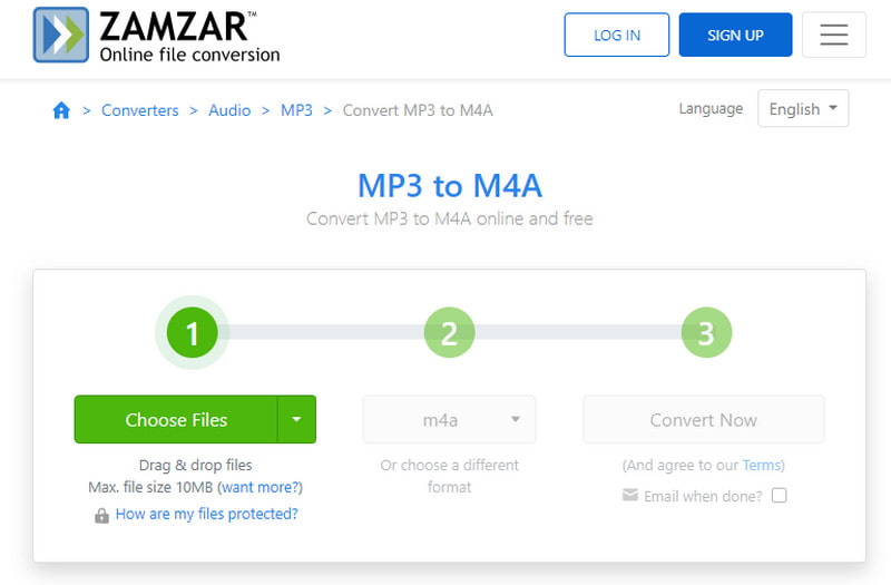 Zamzar: выбор файла MP3 для M4A