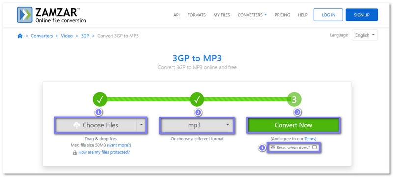 Конвертация 3GP в MP3 в Zamzar