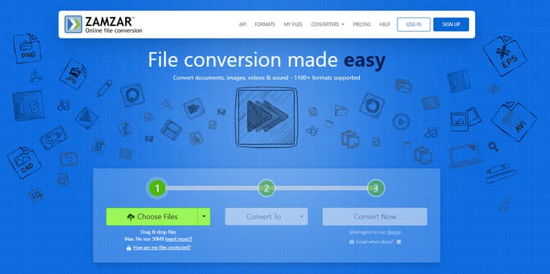 Zamzar: окно выбора формата и запуска конвертации ARW в JPG