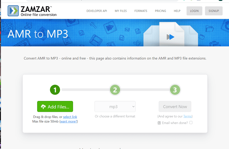 Конвертация AMR в MP3 через Zamzar