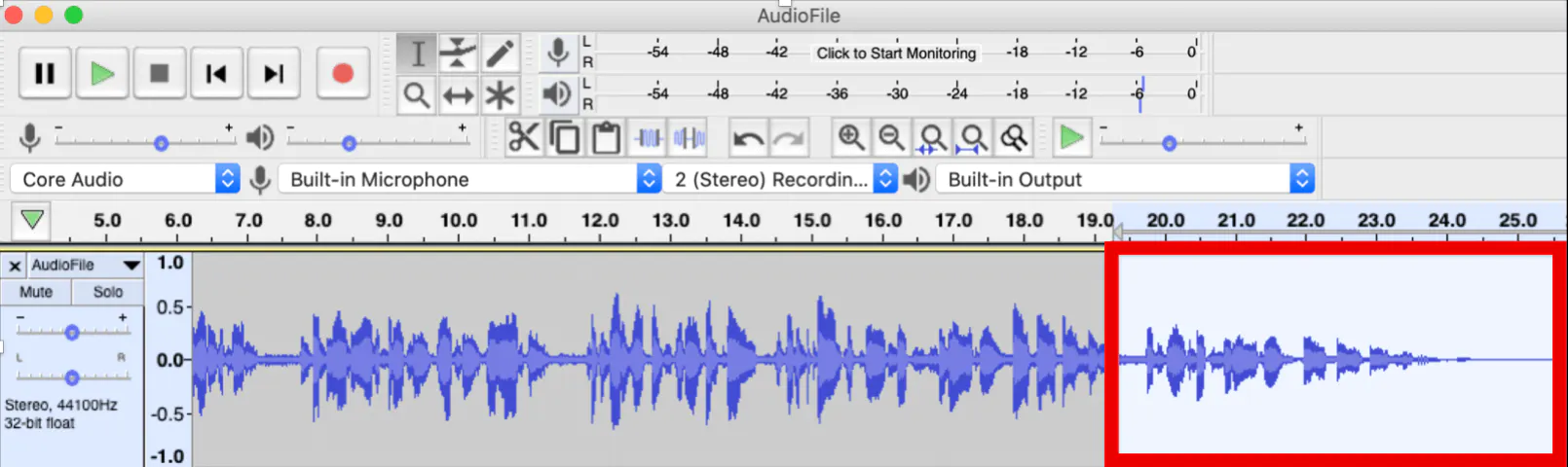 Затухание в Audacity на выделенном участке аудиодорожки