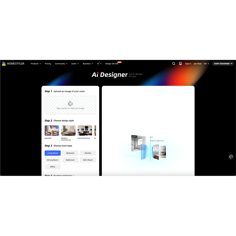 Интерфейс Homestyler AI Designer